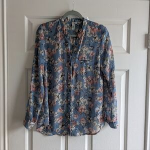 KUT from the Kloth Blue Floral Jasmine Chiffon Button-Up Blouse Small